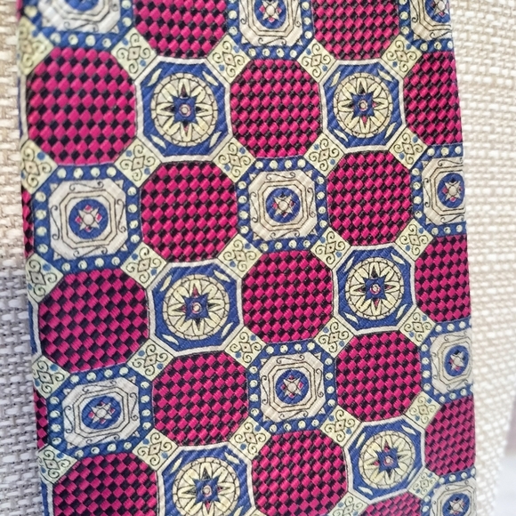 Lands End Silk Necktie Tie Red Multicolored Geometric Multi Pattern Handsewn - Picture 2 of 9